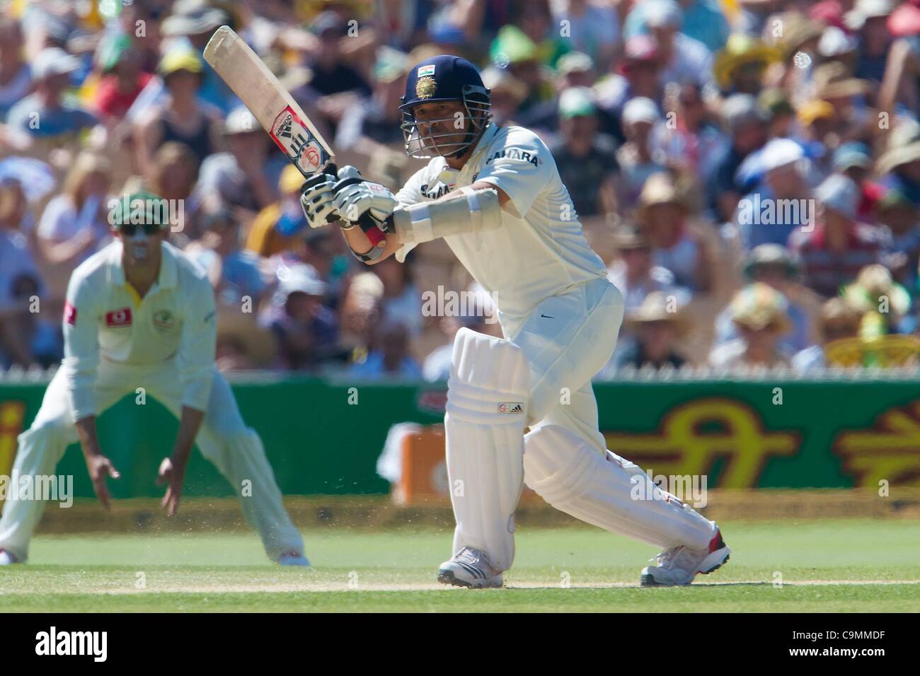 26.01.2012 Adelaide, Australien. Sachin Tendulkar Indien in Aktion während des zweiten Tages der 4. Cricket Test Match zwischen Australien und Indien spielte an der Adelaide Oval. Stockfoto