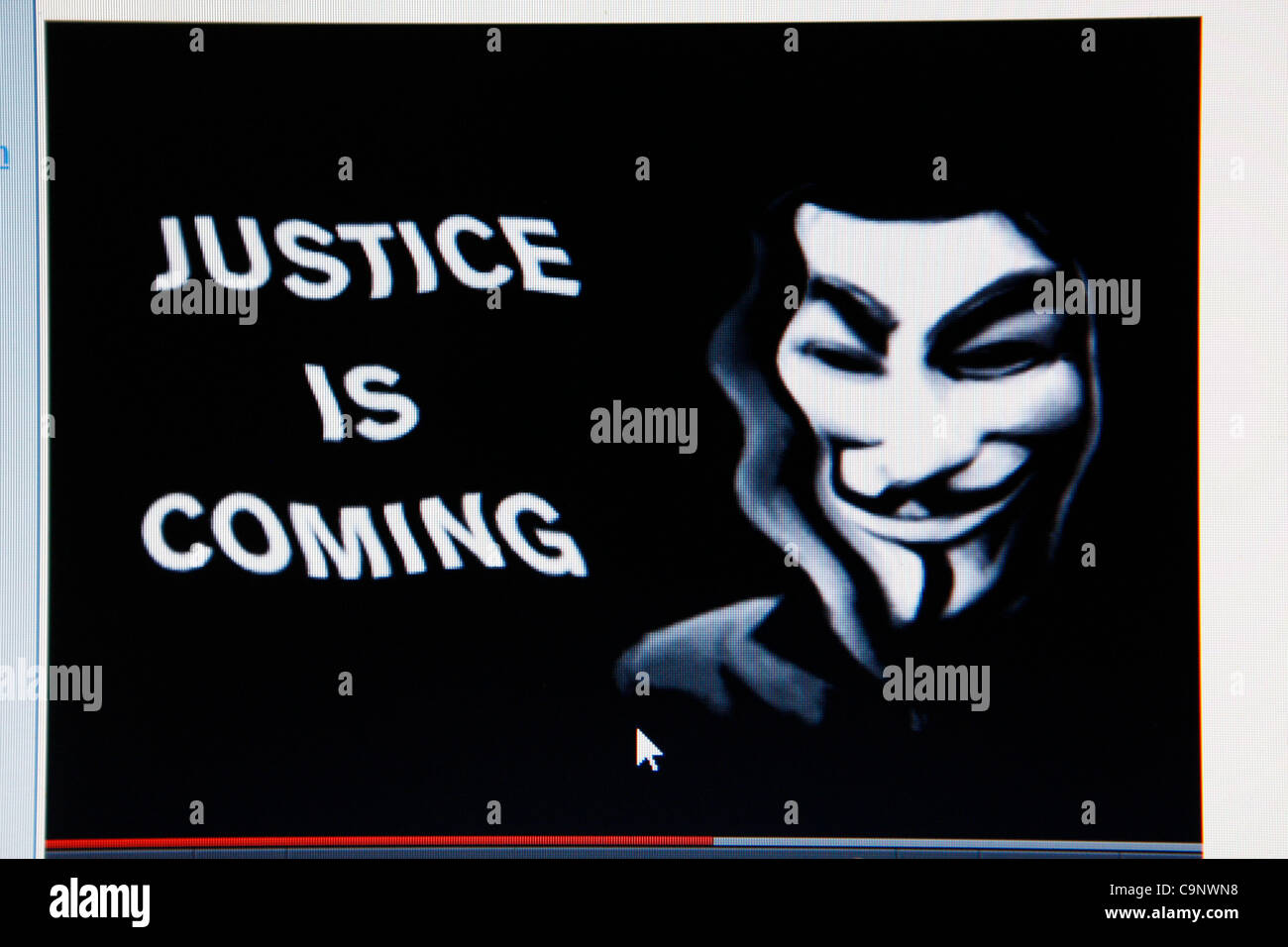 3. Februar 2012 - Athen, Griechenland - Hacker zugeordnete Aktivistengruppe Anonymous veröffentlicht einen Protest gegen Griechenlands EU und IMF-inspirierte strenge Richtlinien auf der Website des Justizministeriums des Landes. Hacker mit dem lose organisierte Gruppe beteiligt sind, Angriffe auf die Wor verbunden worden Stockfoto