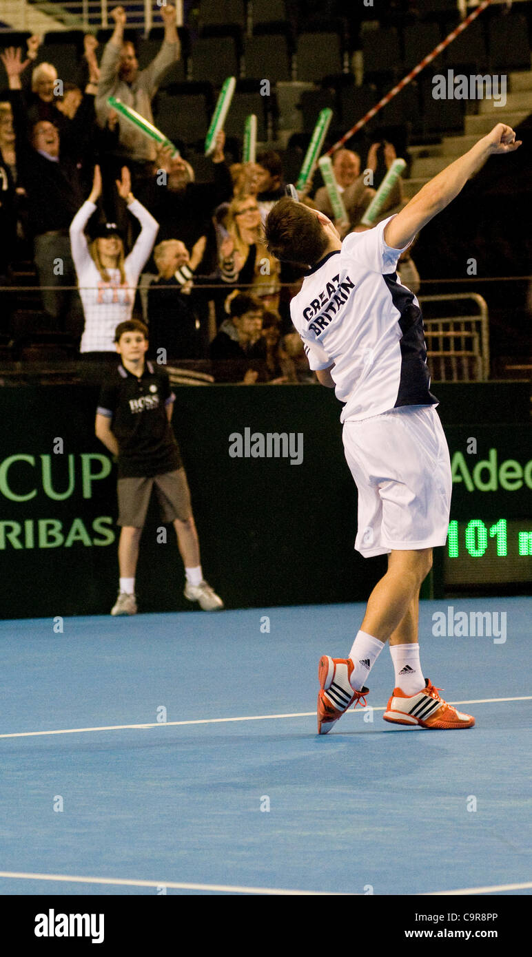 Der letzte Tag des Davis-Cup von BNP Paribas, Großbritannien V Slowakei Krawatte in Glasgows' Braehead Arena sieht Großbritannien einen 2: 1-Führung in die Finalspiele 2 Einzelbetten nehmen. Im zweiten Match der Tage und das Endspiel der Krawatte übernimmt Dan Evans Martin Klizan, die beide ihre erste Ma gewann Stockfoto