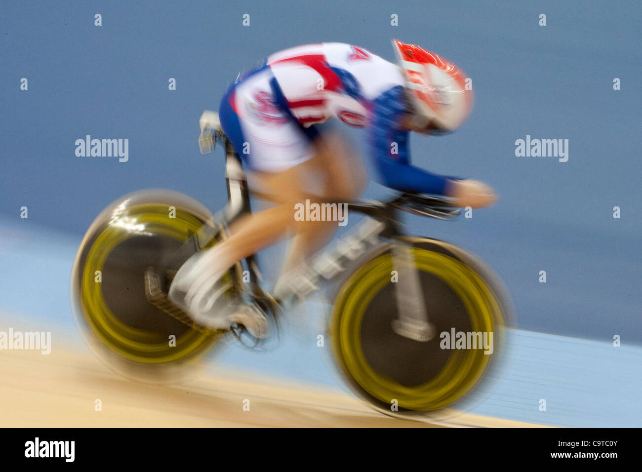 18.02.2012 London England. Jennie Reed (USA) in Aktion bei der UCI-WM in London Olympischen Velodrom. Bestandteil der London bereitet Veranstaltungsreihe organisiert von LOCOG, Organisation Komitee Olympischen Spiele in London. Obligatorische Credit: Mitchell Gunn Stockfoto