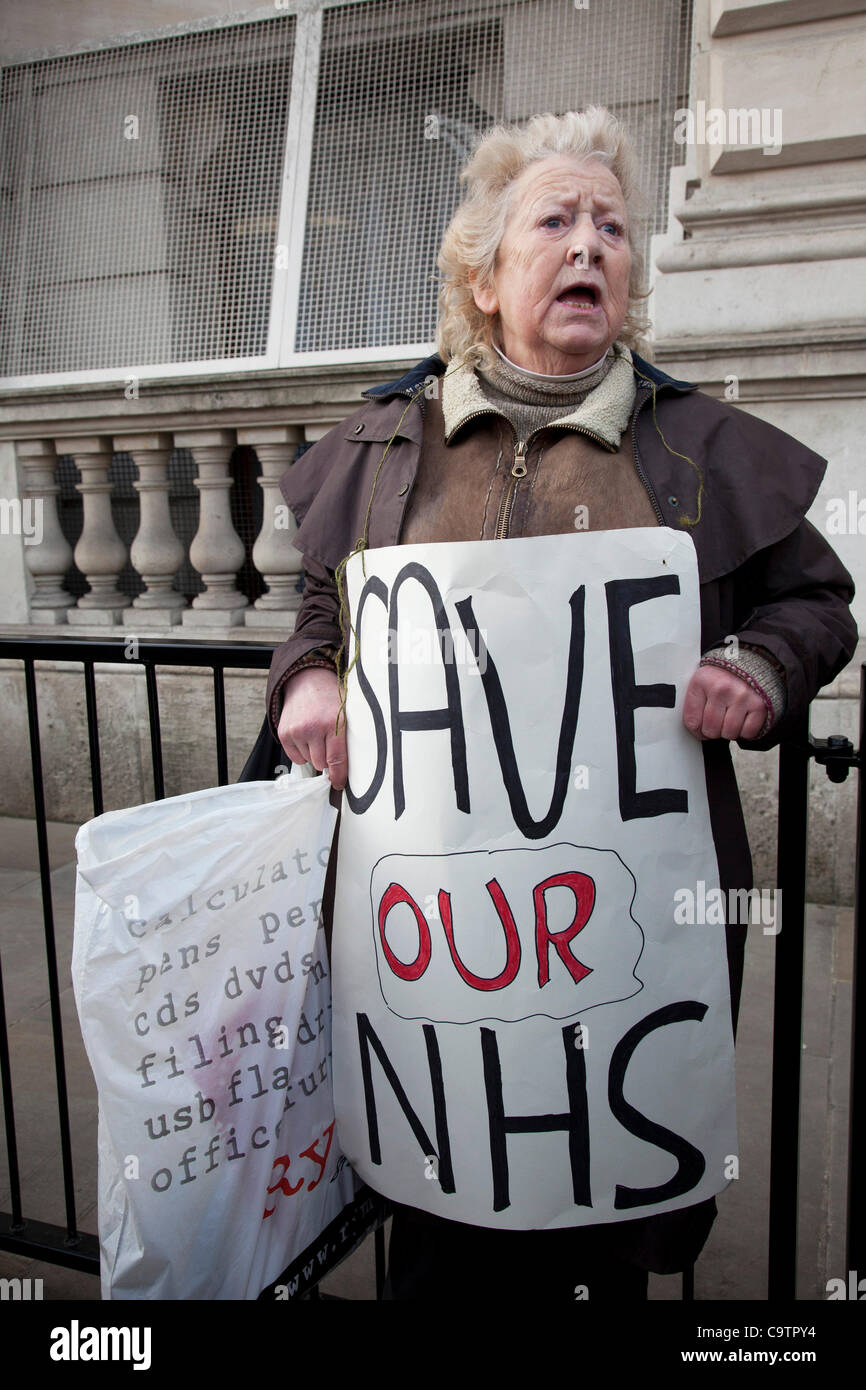 Downing Street, London, UK. 20. Februar 2012. June Hautot hält einen Banner "Rettet unsere NHS" nach Zwischenrufe der Gesundheitsminister Andrew Lansley außerhalb Downing Street. Stockfoto