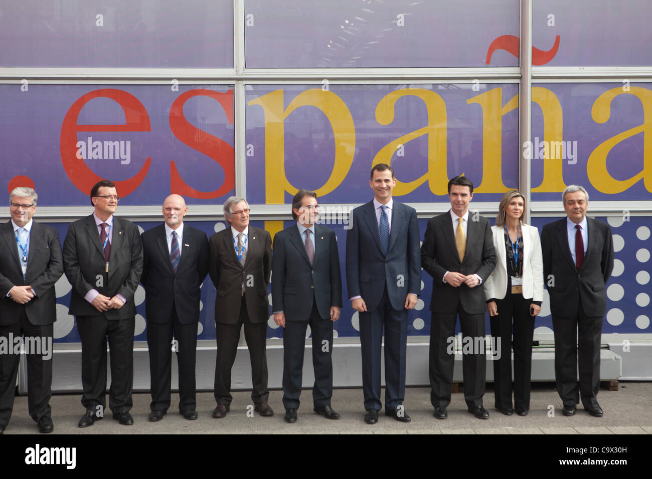 Bürgermeister Josep Trias, Präsident der Generalitat de Catalunya Artur Mas, Principe Felipe de Borbón (Prinz Felipe) bei der Eröffnung des Mobile World Congress in Barcelona 2012, Katalonien, Spanien Stockfoto