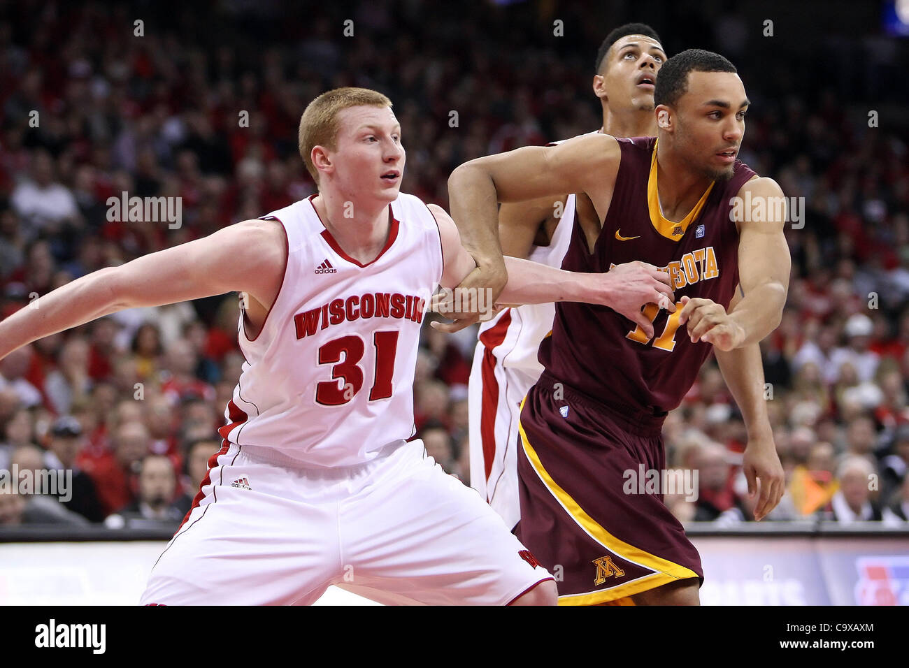 28. Februar 2012 - Madison, Wisconsin, USA - Wisconsin vorwärts Mike Bruesewitz #31 Versuche zu blockieren, Minnesota bewachen Joe Coleman #11 im Spiel. Wisconsin Badgers besiegte die Minnesota Golden Gophers 52-45 im Kohl Center in Madison, Wisconsin. (Kredit-Bild: © John Fisher/Southcreek/ZUMA Stockfoto