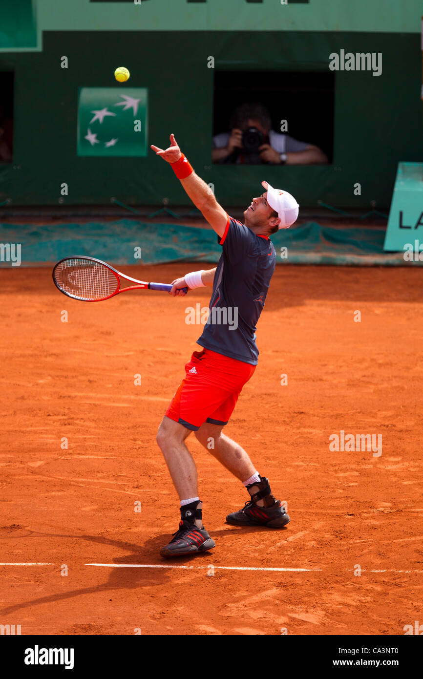 02.06.2012 Paris, Frankreich. Andy Murray in Aktion gegen Santiago Giraldo am 7. Tag der Französisch Open Tennis von Roland Garros. Stockfoto