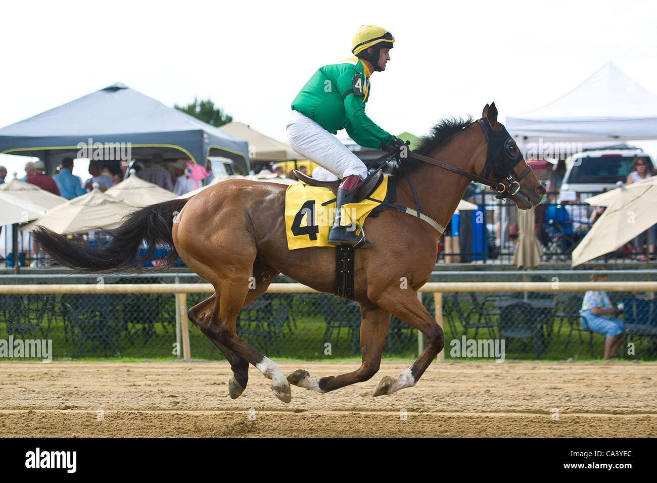 2. Juni 2012 - ist New Kent, Virginia, USA - 2. Juni 2012 Via Galilei (FR) und Ross Geraghty (gelbe Kappe) gewinnen Sie $50.000 David L. Zeke'' Ferguson Gedenkstätte (Gr. III) im Colonial Downs in neue Kent, Virginia Via Galilei im Besitz von Irvin Naylor und von Joseph Delozier ausgebildet. (Kredit-Bild: © Susan M. Carte Stockfoto