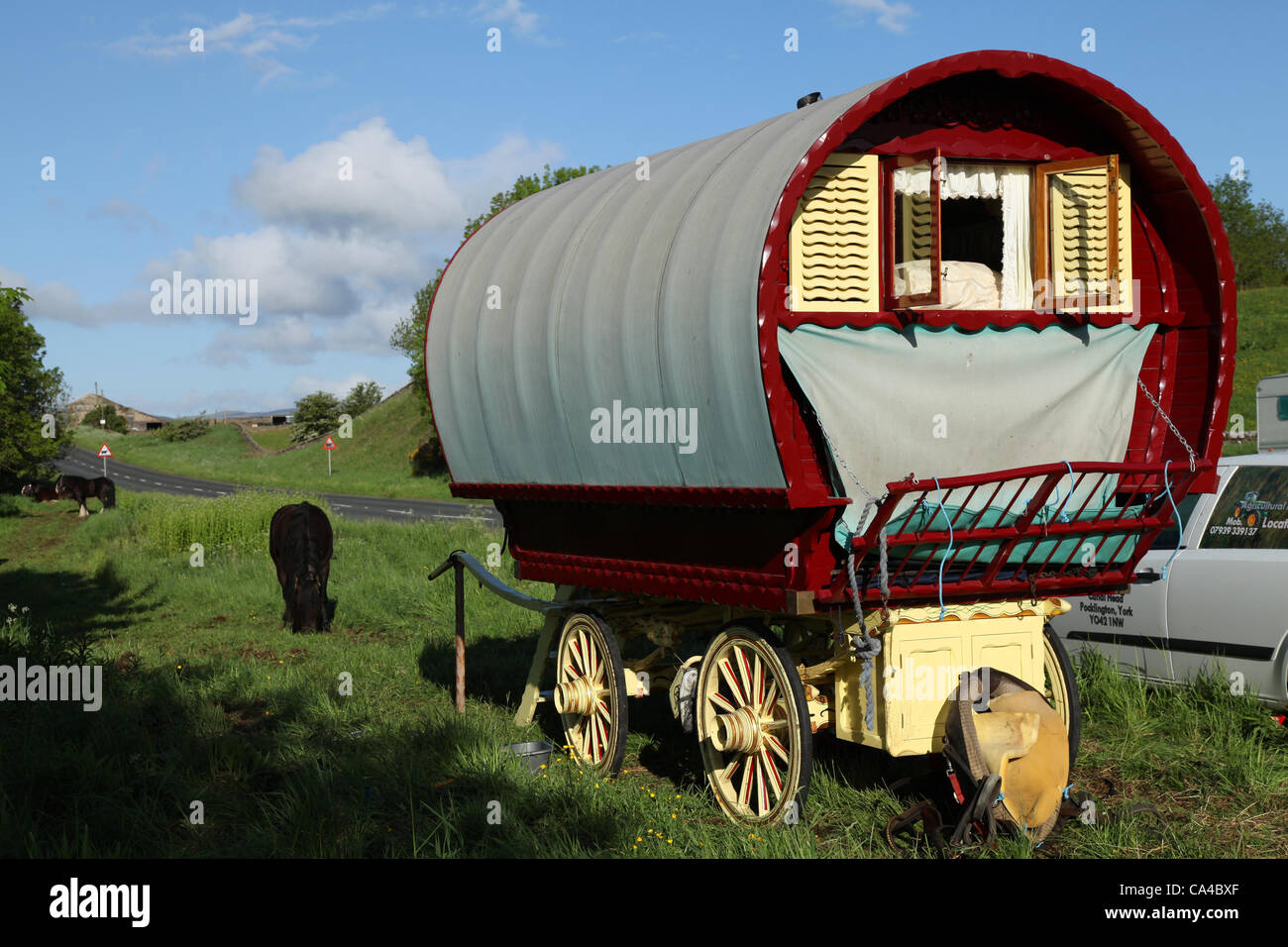 Vardo Romany Travellers Caravan oder traditionelle Pferdekarawanen oder Karawanen mit „Bow Top“-Plane auf dem Weg zum jährlichen Treffen in Appleby, South Lakeland, UK   Cob und Romany Showman's accommodation Wagon of the Travelling Community, camping at Bainbridge, in the North Yorkshire Dales, Auf dem Weg zur Appleby Horse Fair, Großbritannien Stockfoto