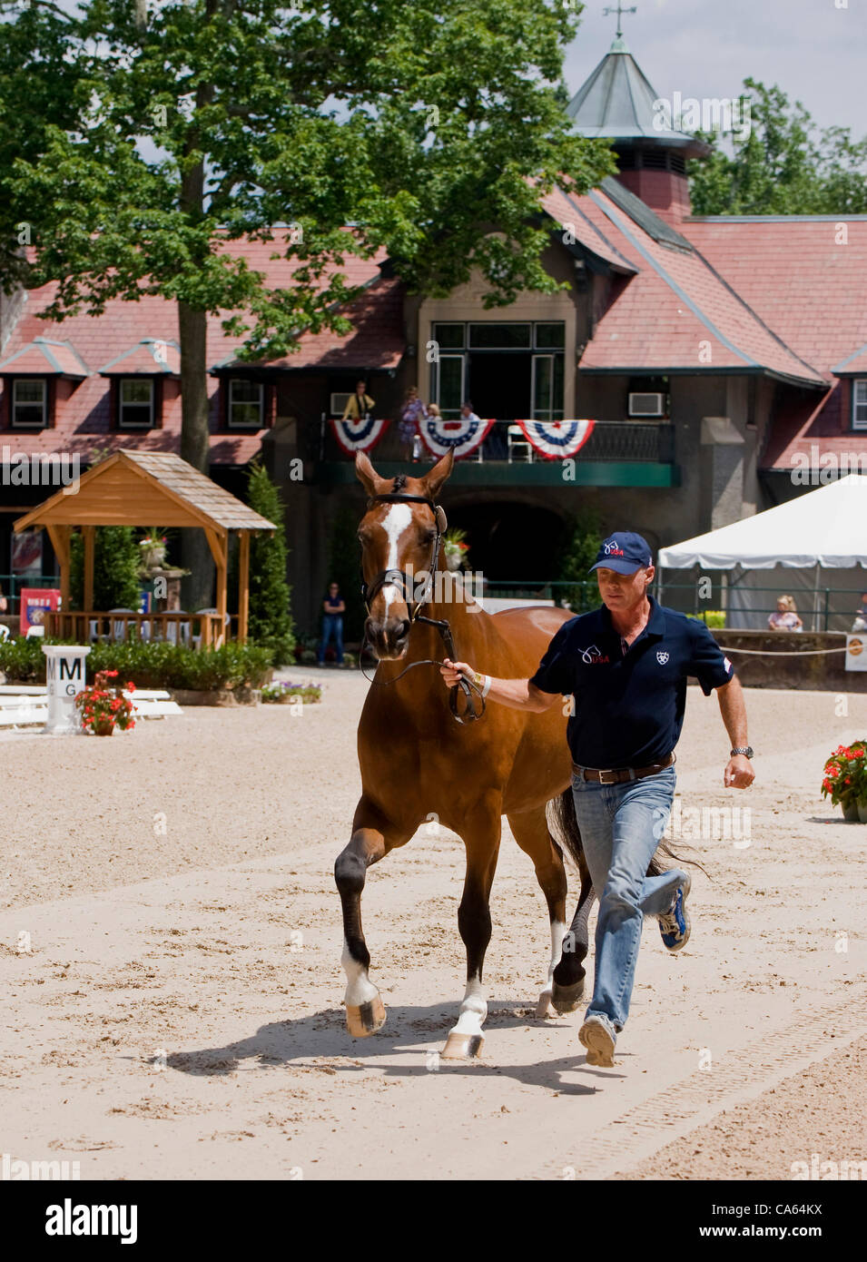 14. Juni 2012 - wird von Trainer Jan Ebeling in der Trab, eine erforderliche Vorversuche tierärztliche Untersuchung Hauptquartier der United States Equestrian Federation Gladstone, NJ, USA - Ann Romney Pferd, Rafalca, geleitet.  Rafalca und Ebeling sind nun gelöscht, um in diesem Wochenende USEF Dressur Festiva konkurrieren Stockfoto