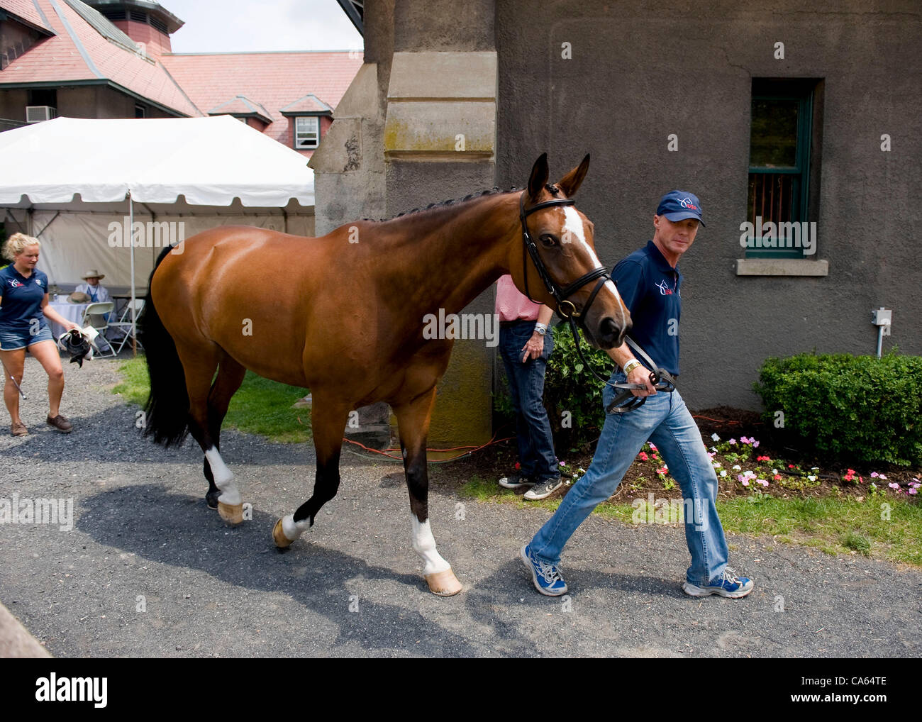 14. Juni 2012 wird von Trainer Jan Ebeling - Gladstone, NJ, USA - Ann Romney Pferd, Rafalca, aus dem Ring geführt, nach Erhalt einer Note in den Trab, eine tierärztliche Untersuchung der Vorversuche Hauptquartier der United States Equestrian Federation.  Rafalca und Ebeling werden jetzt gelöscht, ich zu konkurrieren Stockfoto