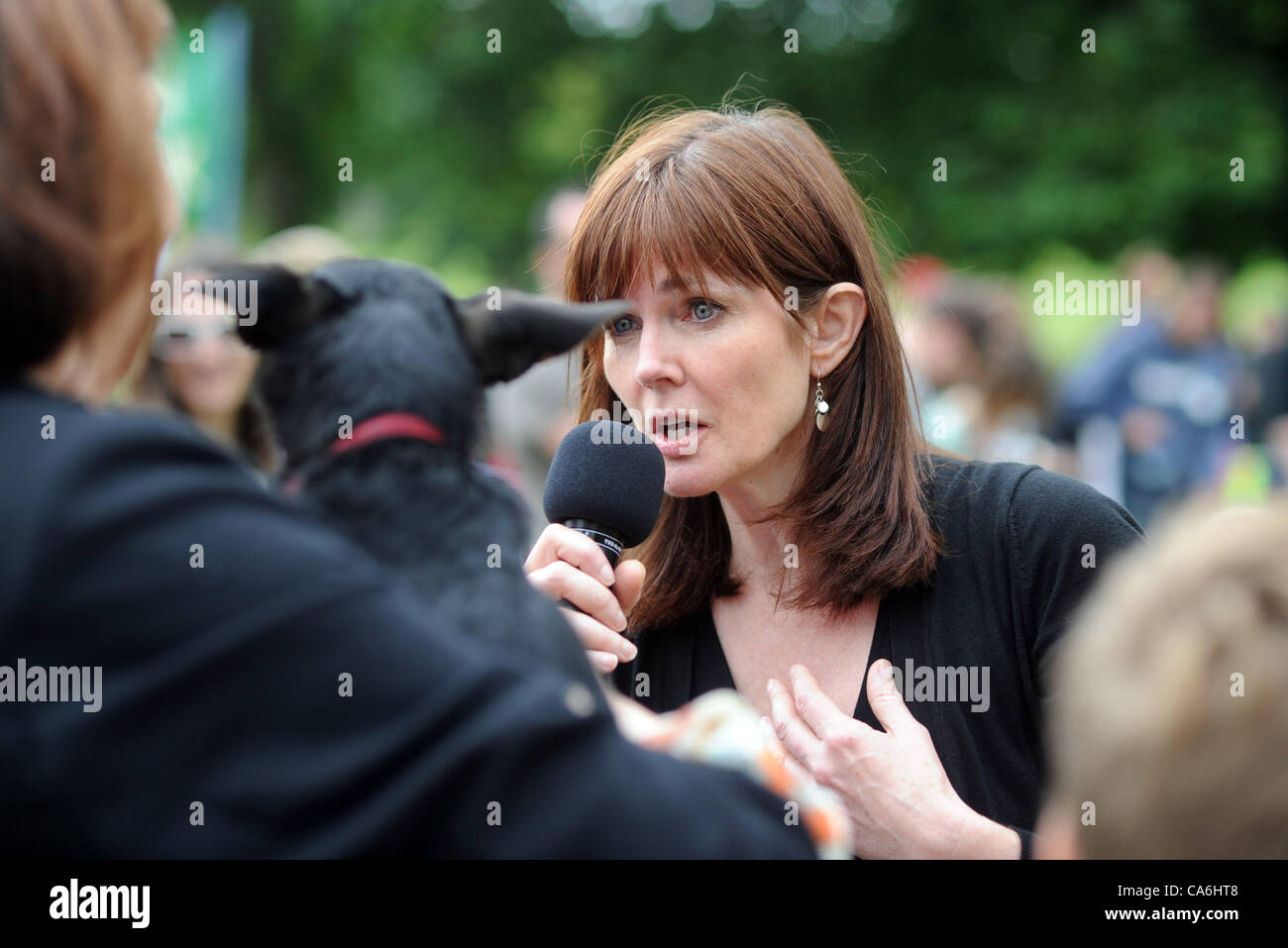Brighton UK interviews 17. Juni 2012 - Celebrity Richter Annabel Giles einige der Teilnehmer an die Bark in The Park-Veranstaltung Stockfoto