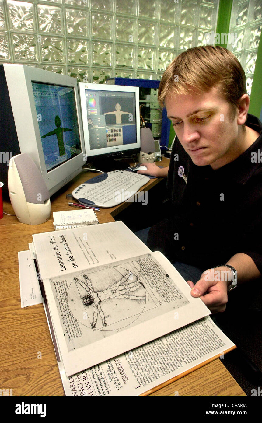 Computer-Animateur ROB HACKLE verwendet Leonardo Da Vinci-Anatomie-Zeichnungen, um ihm zu helfen bei der Arbeit an einer Animation Projekt ForAmylin Pharmazie.  U/T Foto CHARLIE NEUMAN Stockfoto