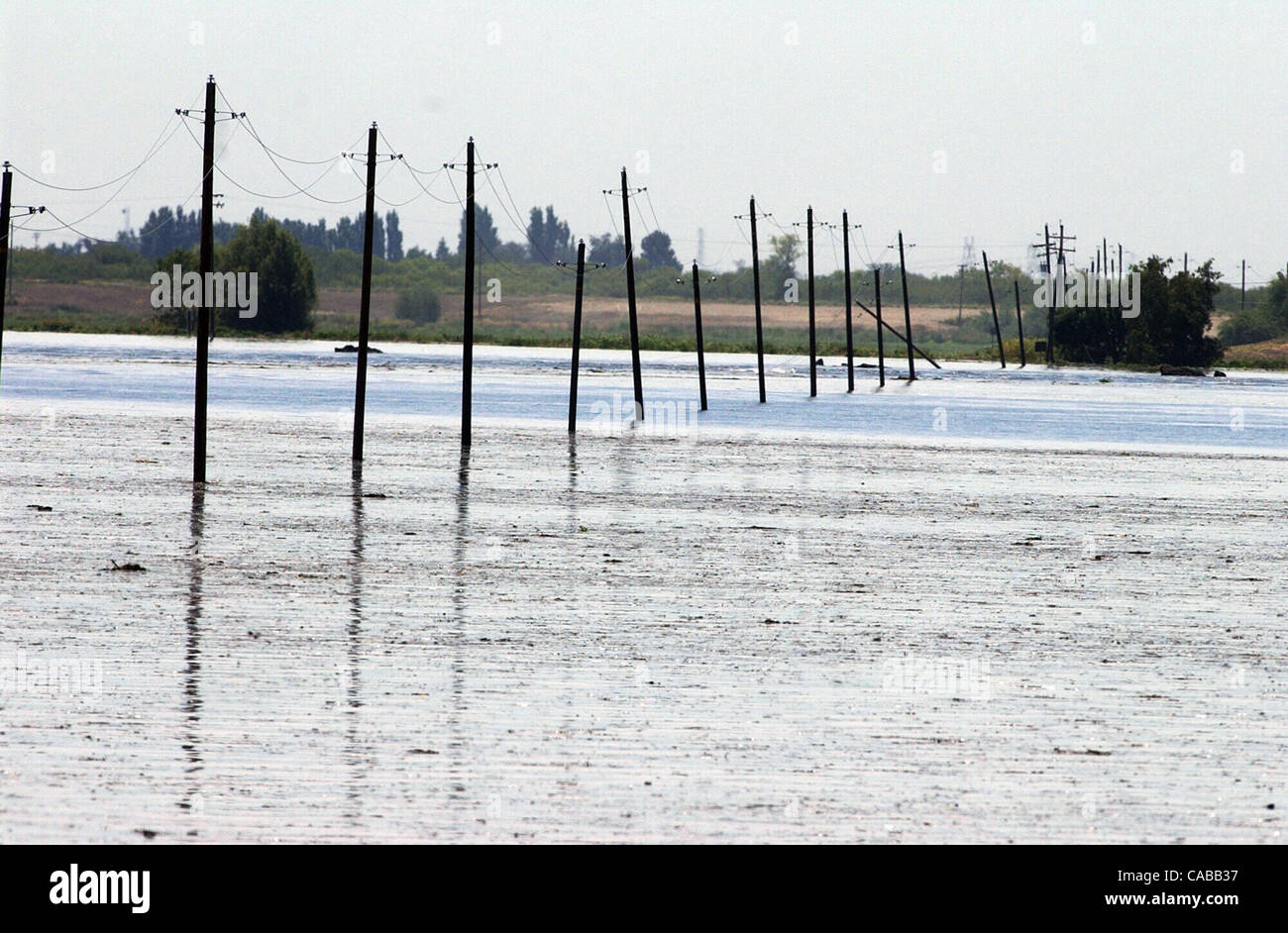 Ein Blick auf den gebrochenen Damm vom Nordende der Speck Island Road westlich der Stadt Holt. Hochwasser wurden auf elektrischen Leitungen von 11:00 klopfen.  Sacramento Bee Fotografie von Jose Luis Villegas 3. Juni 2004 Stockfoto