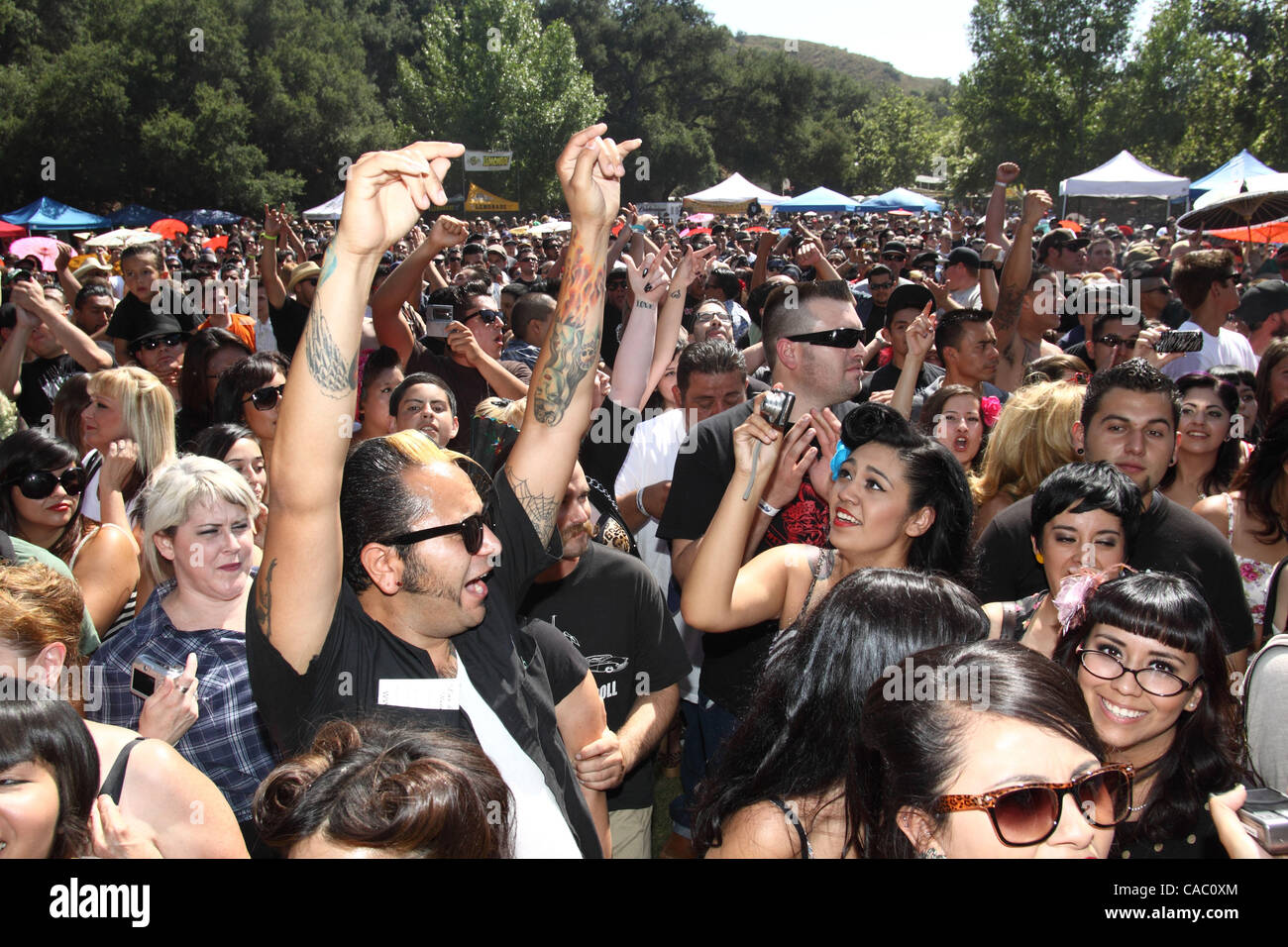 Fans reagieren wie ein Mann von Sicherheitskräften entfernt wird, nach einer Tasse Bier auf die Bühne zu werfen, während des Satzes von 3 schlechte Buchsen an der 16. jährlichen Hootenanny-Musik und Kulturfestival auf der Oak Canyon Ranch, Irvine, CA, Samstag, 3. Juli 2010. Stockfoto