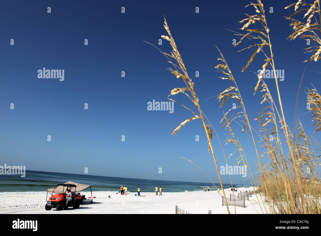 28. Juli 2010 hit - Pensacola, Florida, USA - Oil Spill Cleanup Besatzungen den weißen Sand von Pensacola Beach am Mittwochmorgen Rechen im Sand und Sichtung für Tar Balls. Wellen von klebrigen Teer Blobs wurden an Land zunehmend auf dem weißen Sand von der Florida Panhandle letzte Woche als Slicks her waschen Stockfoto