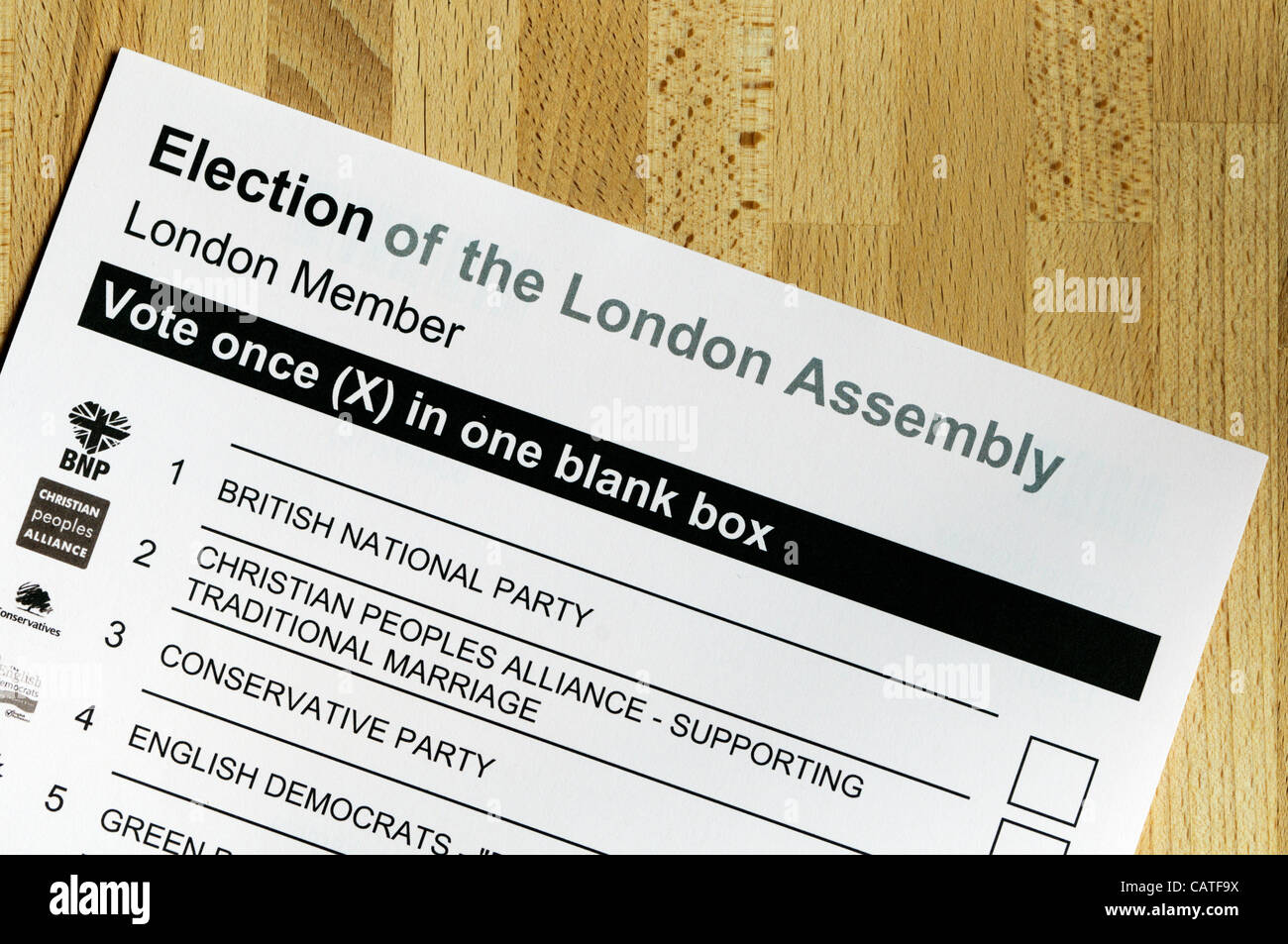 LONDON, UK, 20. April 2012, Kommunalwahlen sind am 3. Mai 2012 in England stattfinden. Dazu gehören auch die Wahl des Londoner Bürgermeister und der London Assembly.  Foto zeigt Stimmzettel für die Wahl der London Assembly. Stockfoto