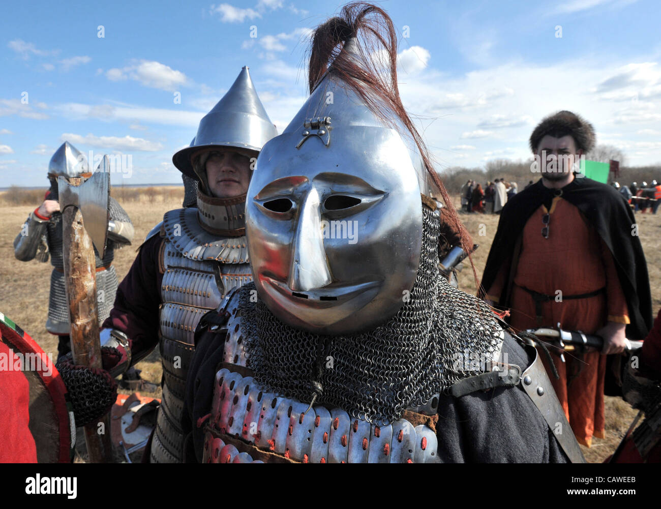 22. April 2012 - Russland - Pskow der Russia.Pictured:Historical Rekonstruktion der Schlacht des Eises (auch bekannt als die Schlacht der Peipussee) 770 Jahrestags der Schlacht... Die Schlacht der Peipussee war eine Schlacht zwischen der Republik Nowgorod und den livländischen Zweig von Te Stockfoto