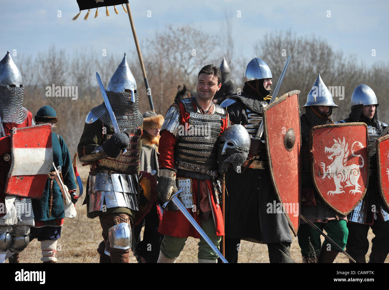 22. April 2012 - Russland - Pskow der Russia.Pictured:Historical Rekonstruktion der Schlacht des Eises (auch bekannt als die Schlacht der Peipussee) 770 Jahrestags der Schlacht... Die Schlacht der Peipussee war eine Schlacht zwischen der Republik Nowgorod und den livländischen Zweig von Te Stockfoto