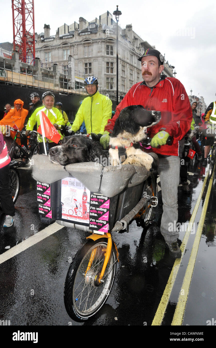 Radfahrer, einige mit ihren Haustieren trotzen des Regens in der Nähe von Piccadilly Circus als Teil der großen Fahrt sicherer Radsport-Event durch die Londoner Samstag, 28. April 2012. Stockfoto