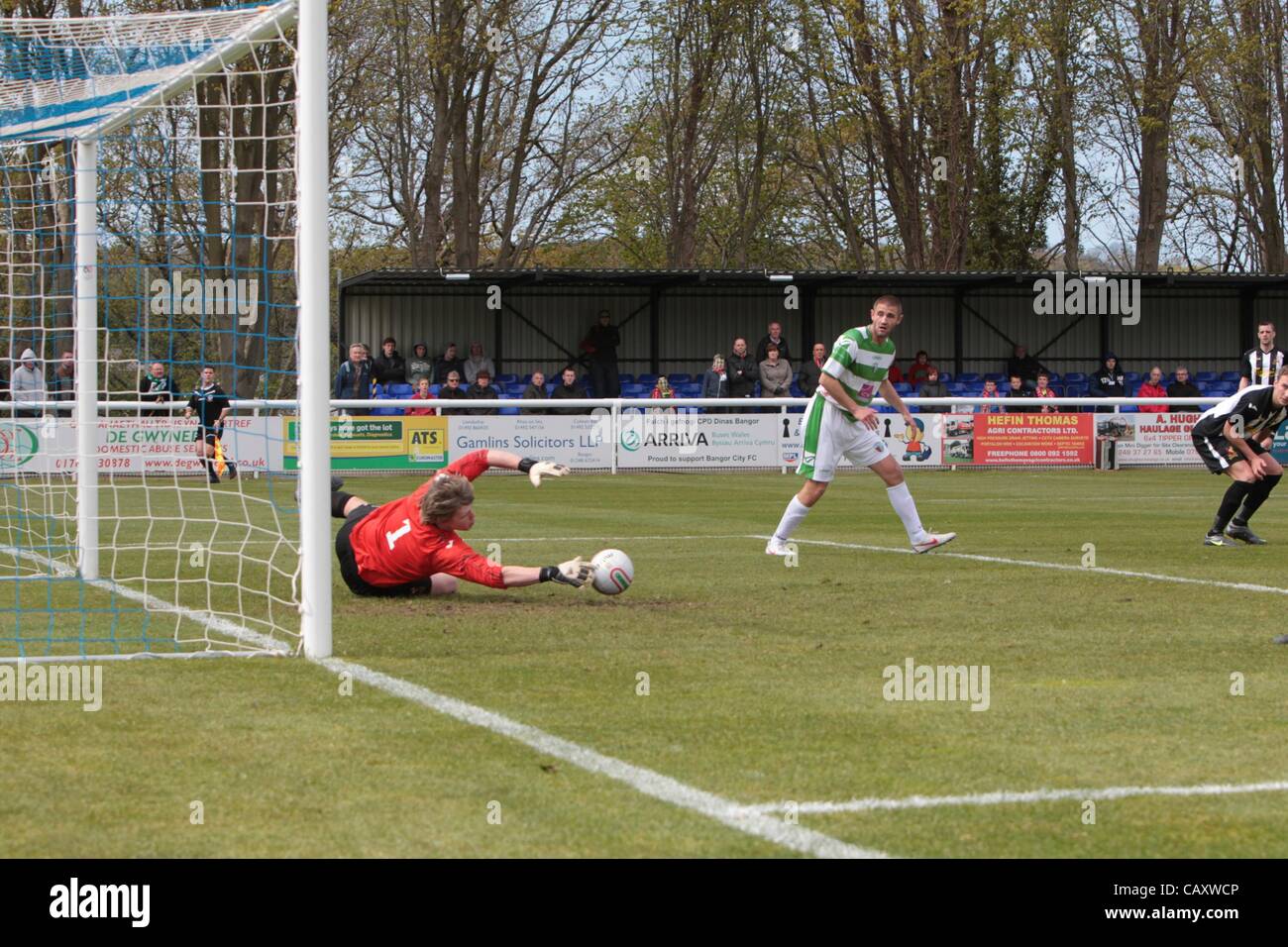 05.05.2012, Bangor, Wales. Cefn Druids FC V The New Saints FC.  Druiden-Keeper Chris Mullock spart während der Football Association von Wales Welsh Cup-Finale spielte bei den Bangor City FC Nantporth Boden. Stockfoto