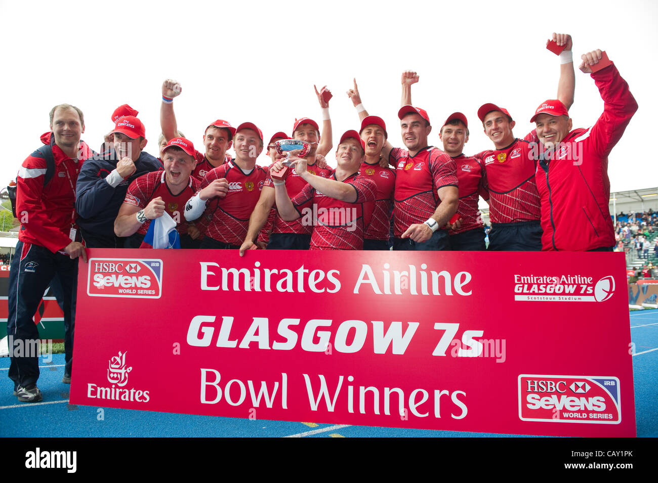 06.05.2012 Glasgow, Schottland. HSBC Sevens World Series.  Russland gewinnt die Bowl Finale im Stadion Scotstoun. Stockfoto