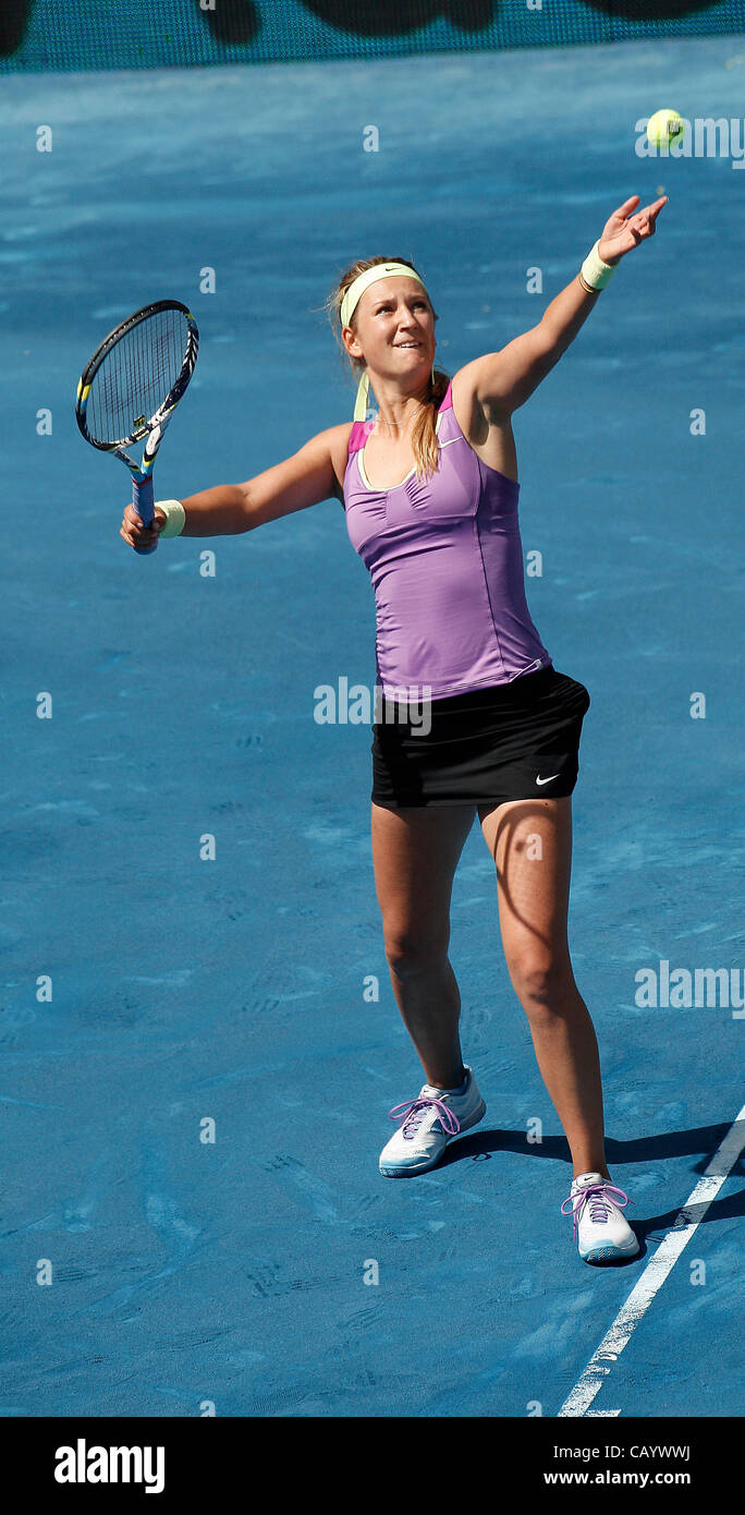 11.05.2012 Madrid, Spanien. Victoria Azarenka in Aktion gegen Li CHN im 1/4 Finale Einzel WTA Madrid Masters-Tennisturnier. Stockfoto