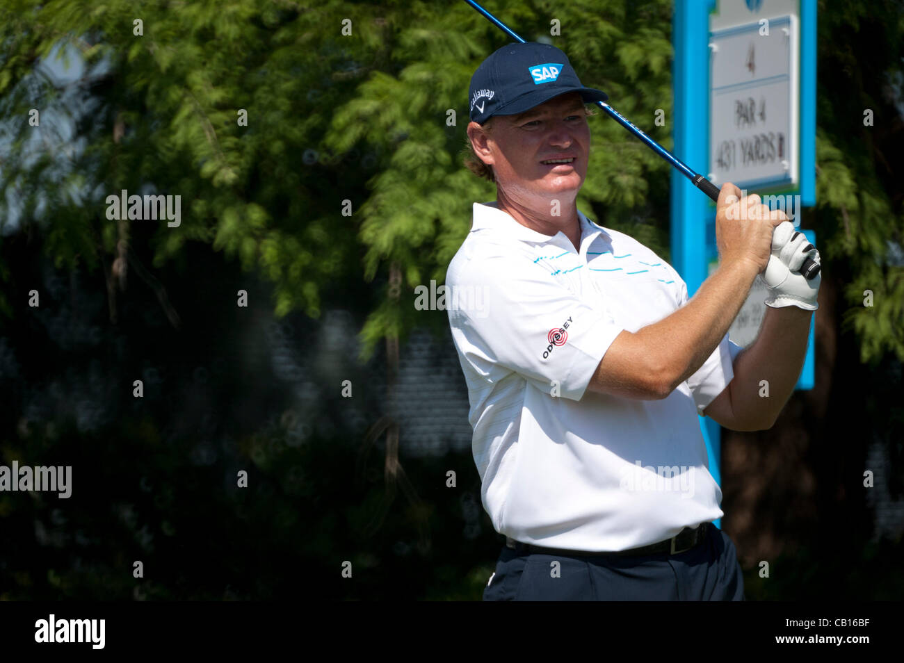 17. Mai 2012: Ernie Els in der ersten Runde der HP Byron Nelson Championship 2012 bei TPC Las Colinas Four Season Resort in Irving, TX. Stockfoto