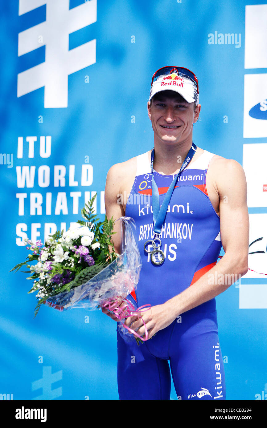 27.05.2012. Madrid, Spanien.  ITU Triathlon World Series MAdrid - Campeonato del Mundo de Triatlon; Männer Elite Serie Test - Alexander Bryukhankov aus Russland, zweiter Platz Stockfoto