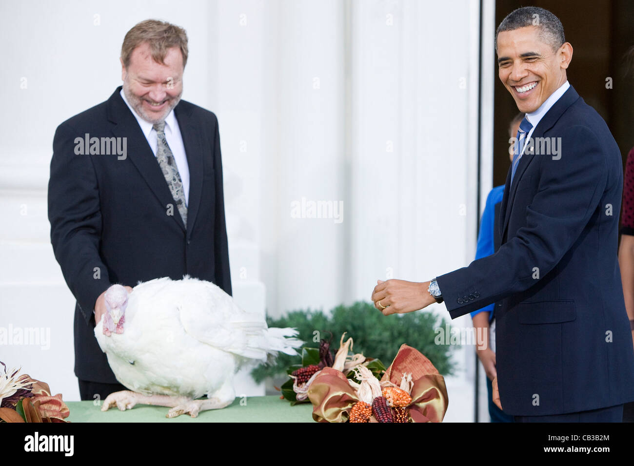 Präsident Barack Obama und Töchter Sasha und Malia verzeihen 2011 nationalen Thanksgiving-Truthahn. Stockfoto