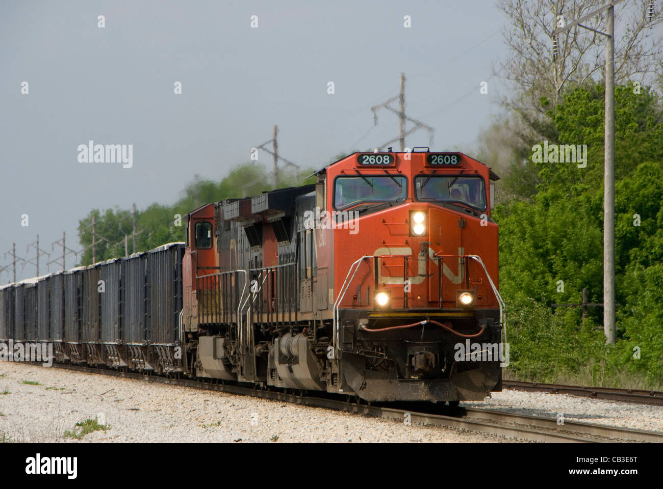 Kanadische nationale Güterzug am Tolono, in der Nähe von Champaign-Urbana, Illinois, USA, Illinois Central Stockfoto