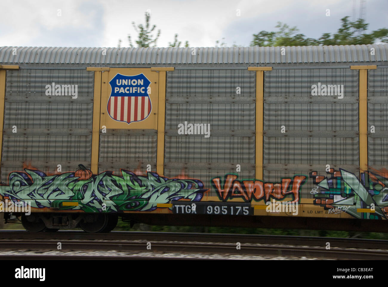 Güterwagen der Union Pacific, Tolono, in der Nähe von Champaign-Urbana, Illinois, USA Stockfoto