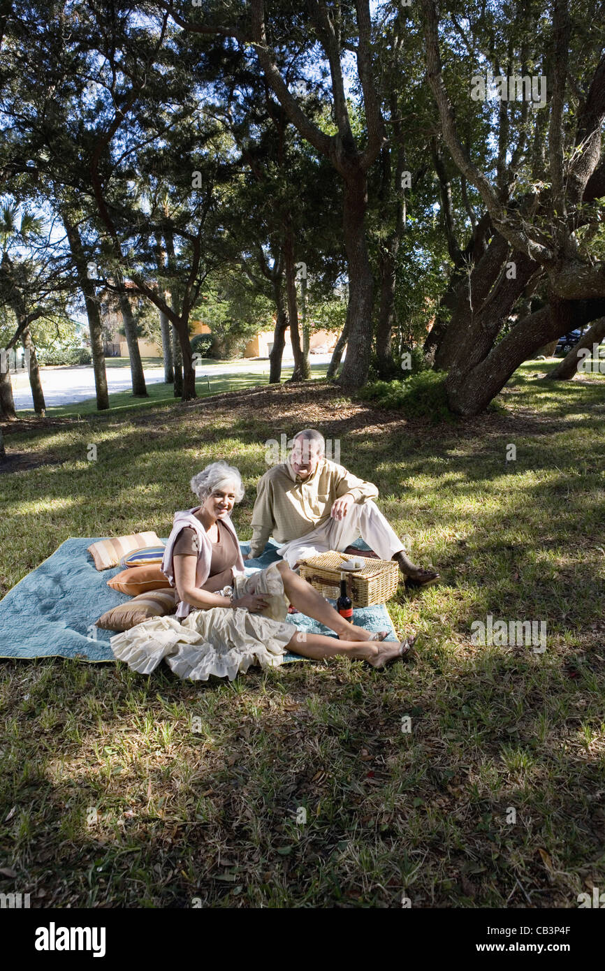 Älteres Paar sitzt auf einer Picknickdecke in einem park Stockfoto