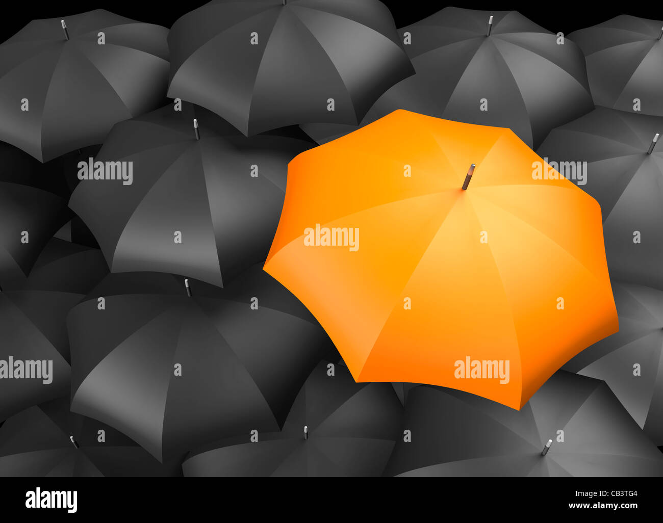 Hintergrund mit schwarzen Regenschirmen und individuelle Orange bunten Regenschirm Differenzierung Stockfoto