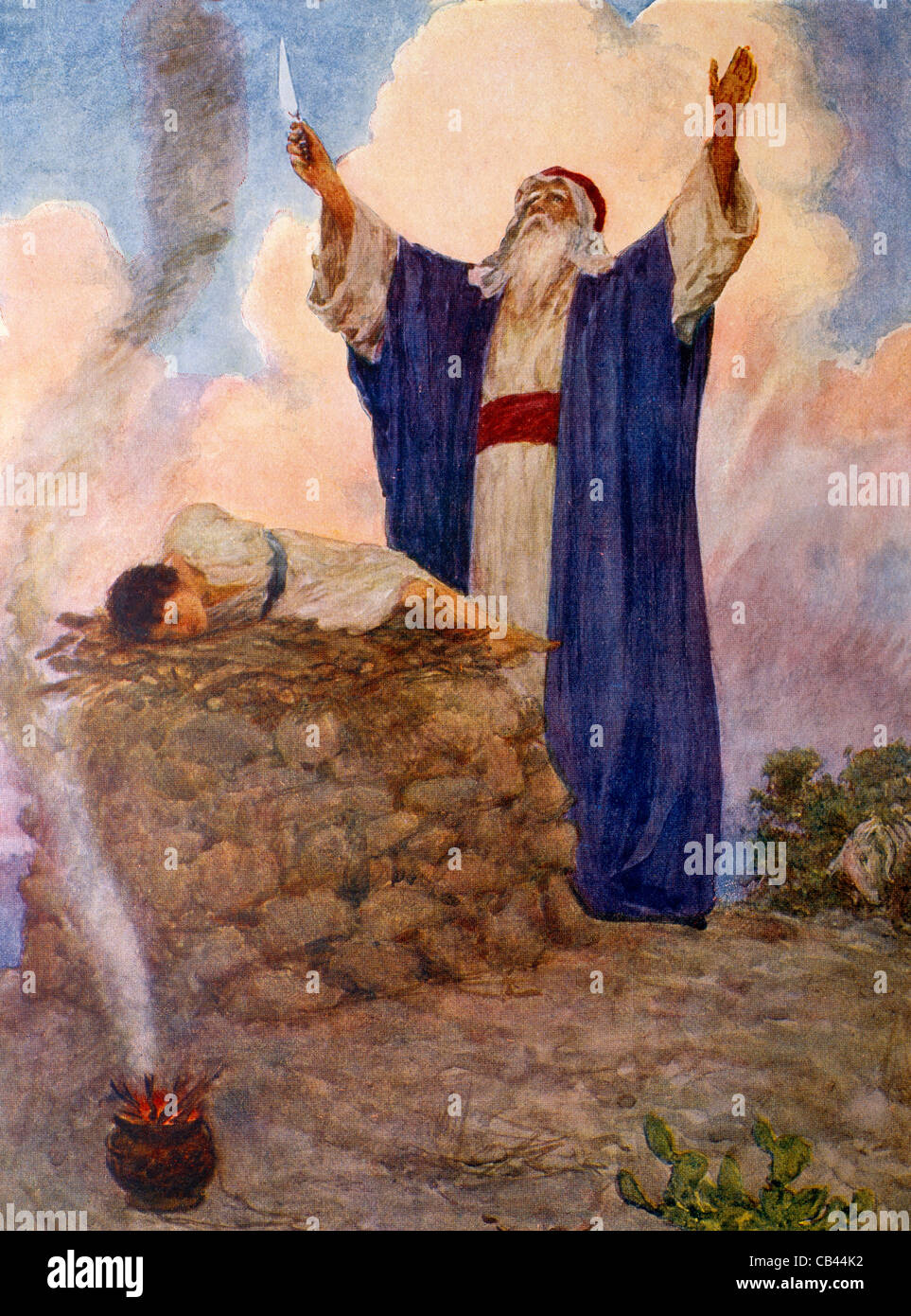 Abraham Band seinen Sohn Isaak auf den Altar am Berg Moriah Stockfoto