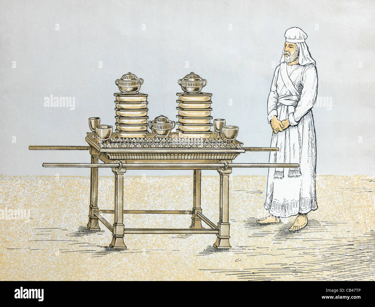 Eine Illustration des Hohepriesters, der neben dem Tisch des Schafbrotes steht - 12 Brotlieder, die die 12 Stämme Israels repräsentieren Stockfoto