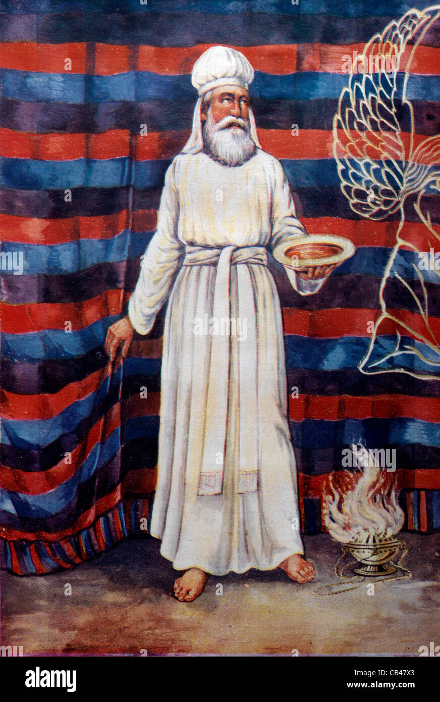 Eine Illustration des Hohenpriesters von Israel am Großen Versöhnungstag, der eine Goldplatte mit Blut hält Stockfoto