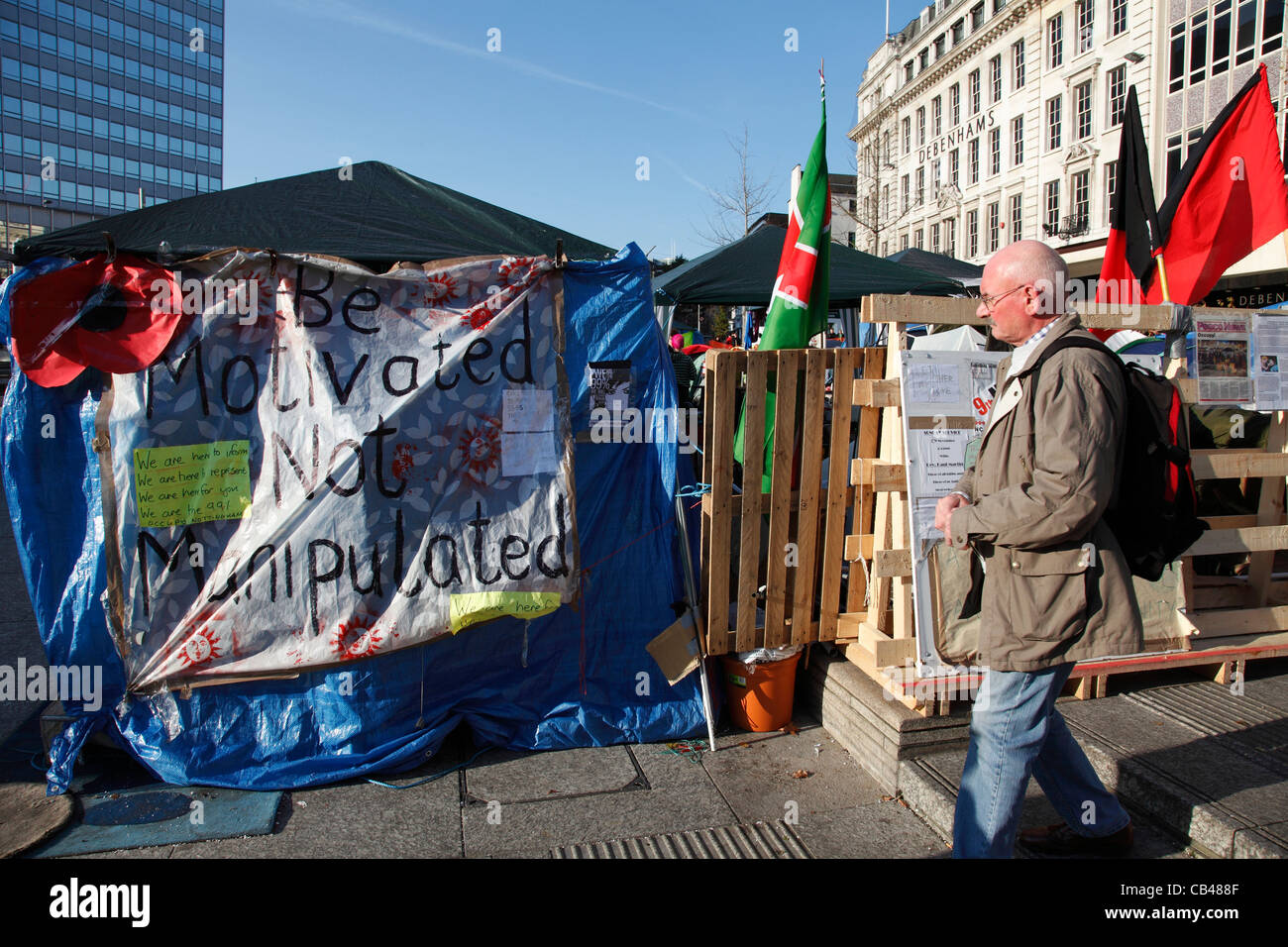Die besetzen Notts Antikapitalismus Protest-Camp in Old Market Square, Nottingham, England, Großbritannien Stockfoto