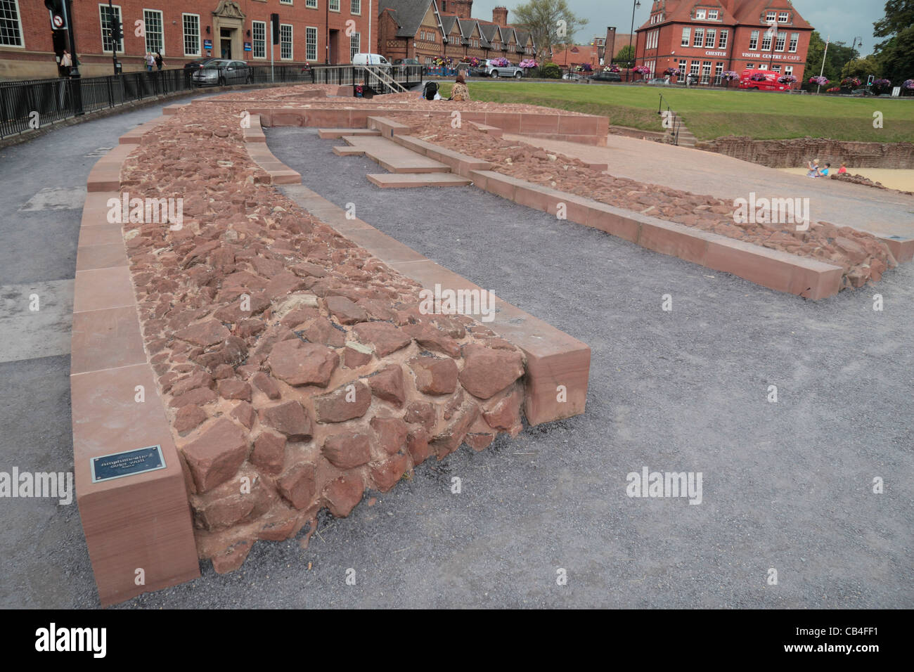 Nahaufnahme von Steinarbeiten rund um die Chester römische Amphitheater, Chester, Cheshire, England. Stockfoto