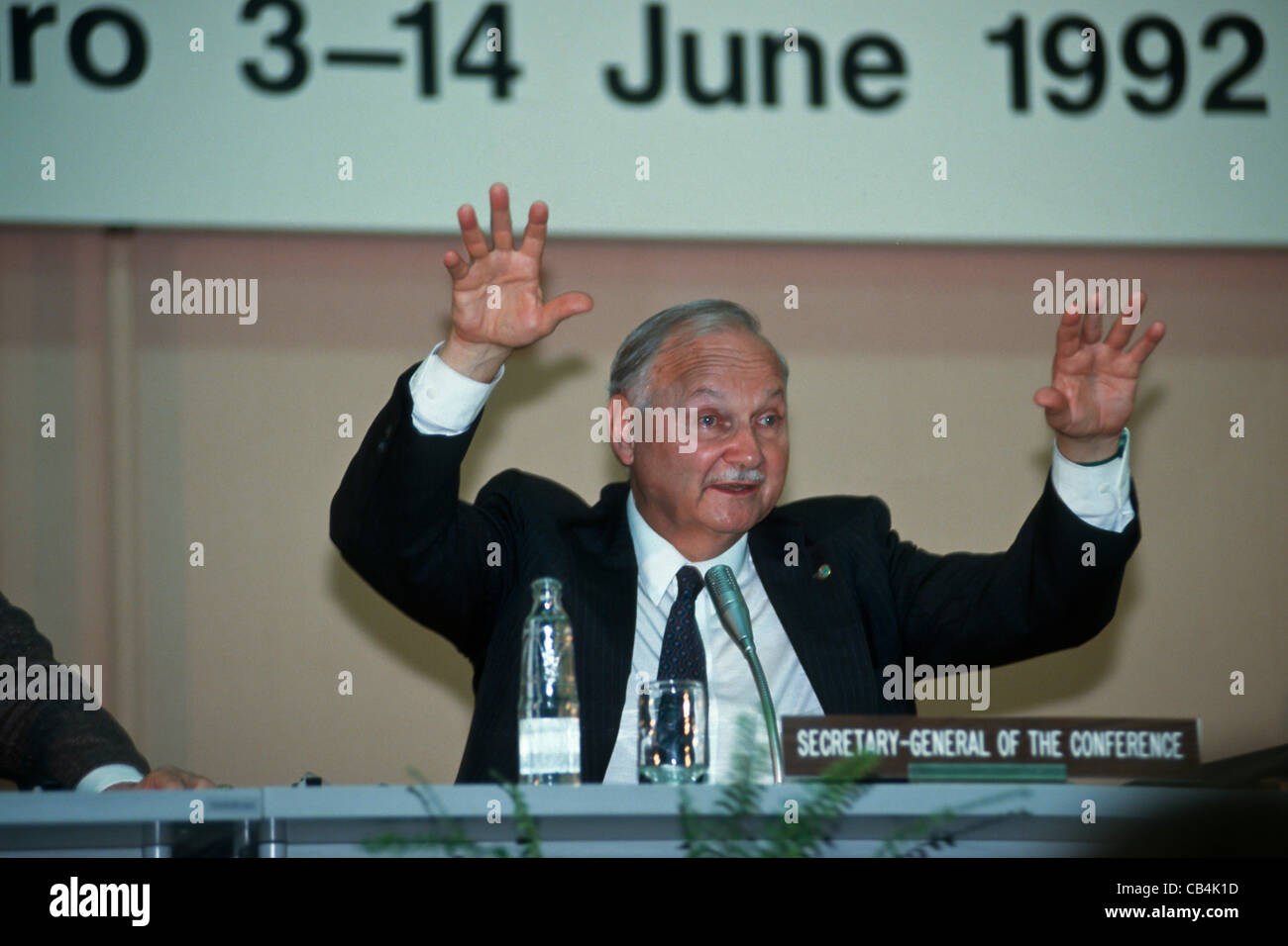 UN-Konferenz über Umwelt und Entwicklung, Rio De Janeiro, Brasilien, 3. bis 14. Juni 1992. Generalsekretär der Konferenz Maurice Strong. Stockfoto