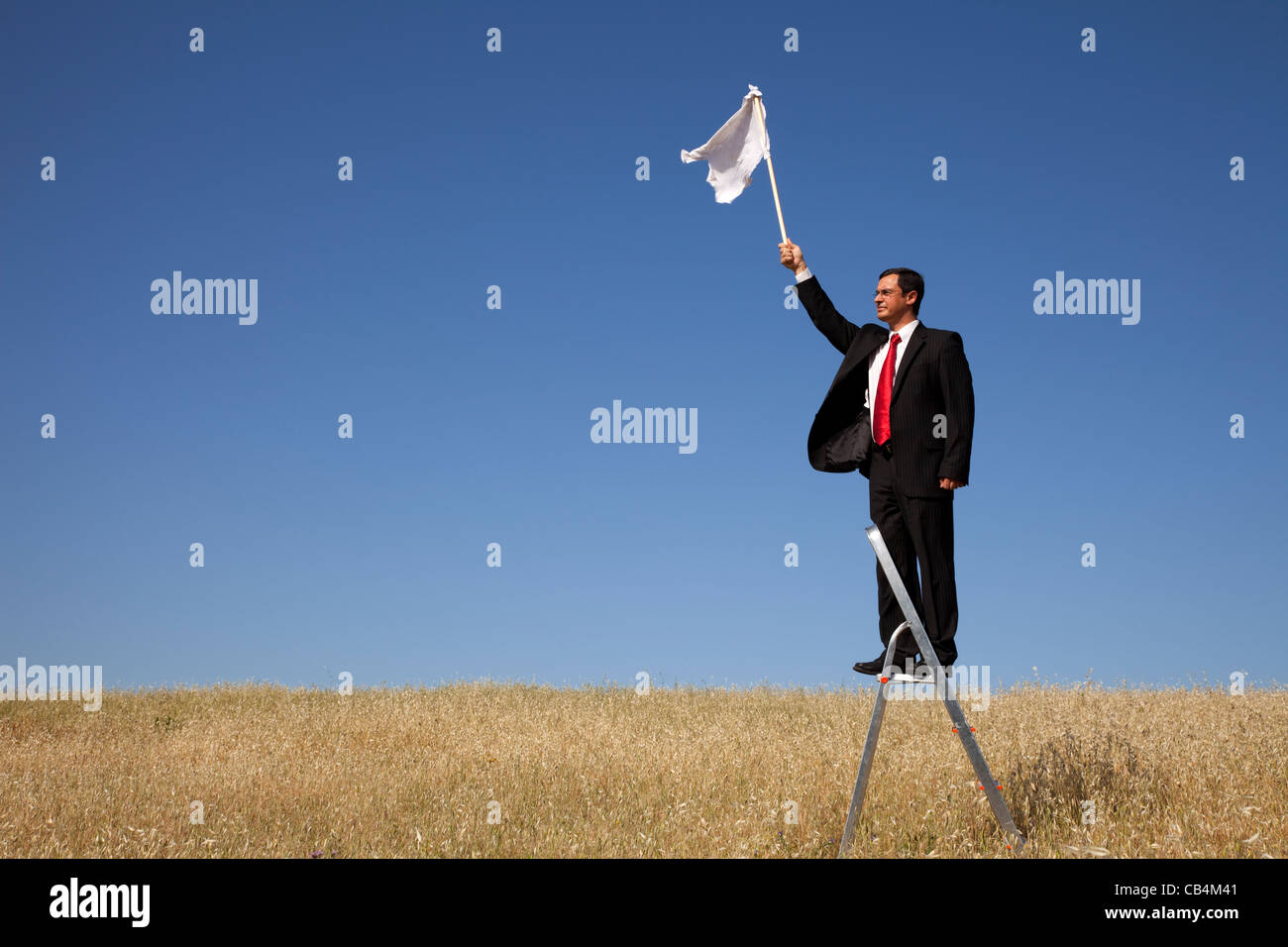 Unternehmer fordern aufhören mit einer weißen Fahne Stockfoto