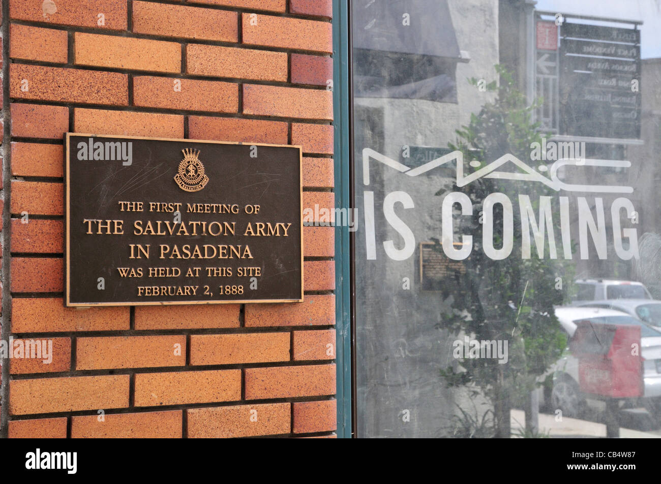Zeichen markieren Standort des ersten Treffens der Heilsarmee in Pasadena Stockfoto