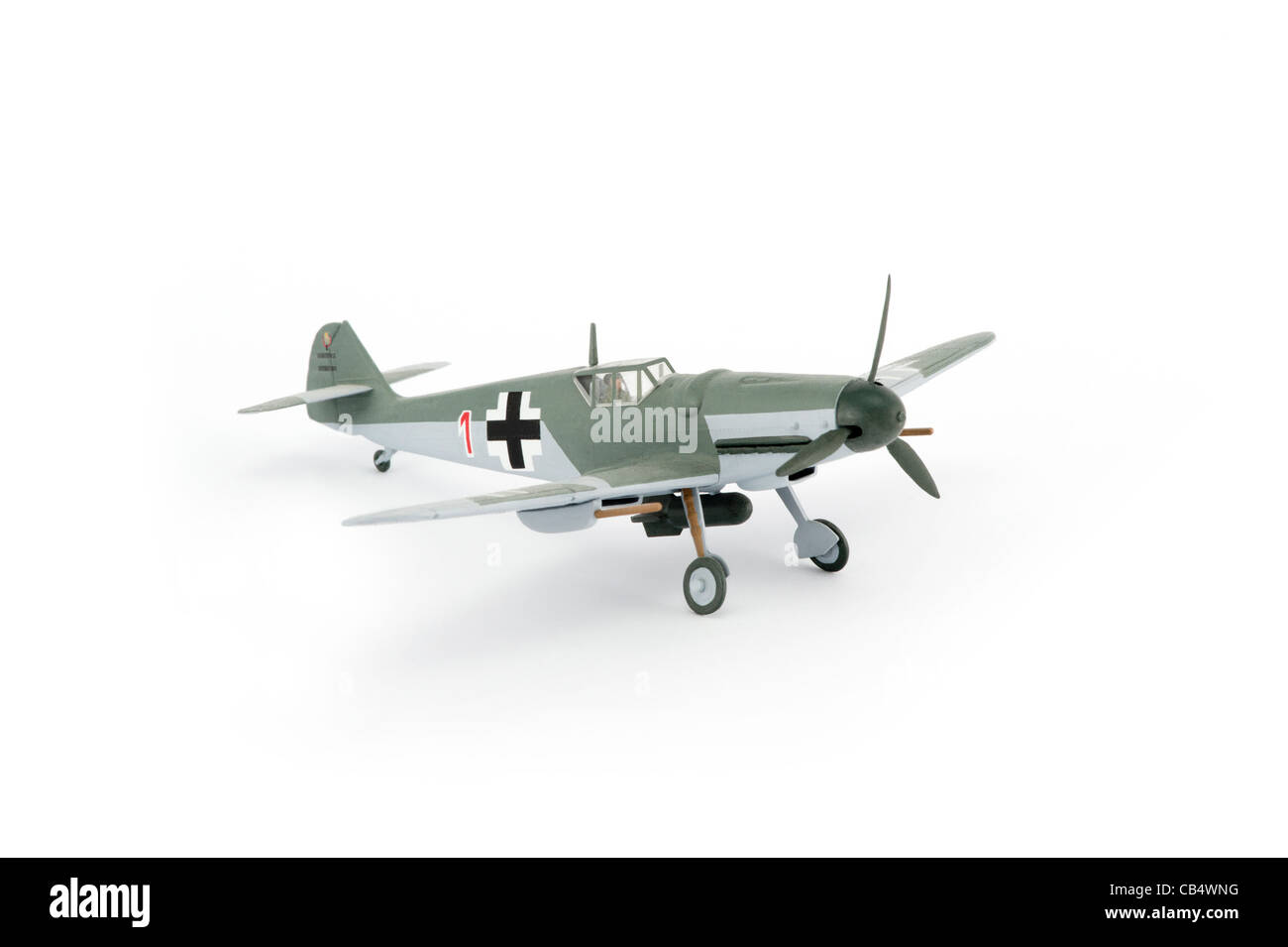 Ein Modell einer Messerschmitt Bf 109 als einen Ausschnitt vor dem Hintergrund der weisse Studio gedreht. Stockfoto