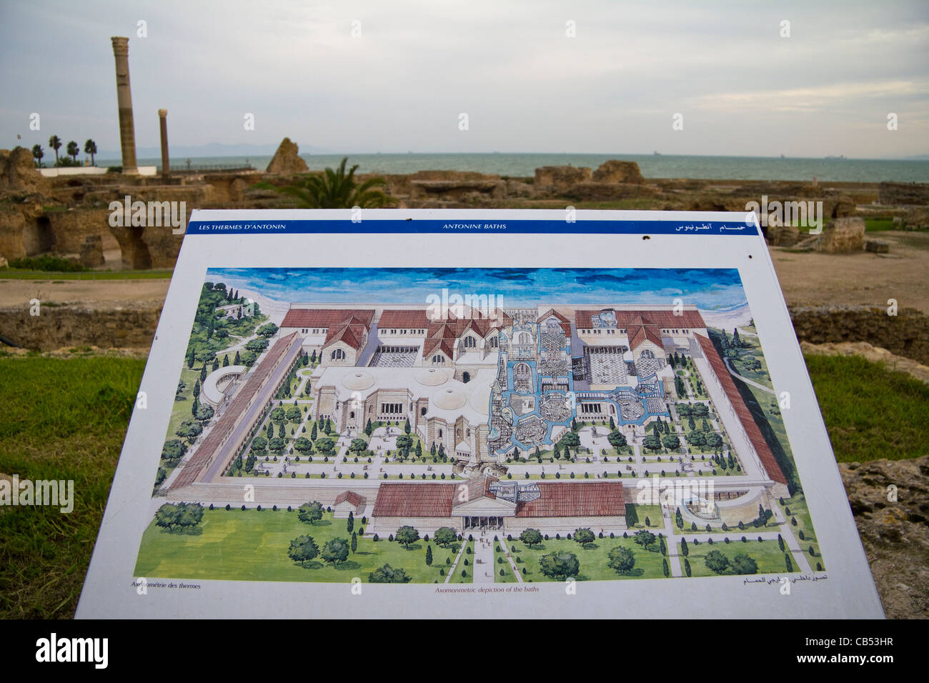 Informationskarte an den Ruinen der Antonine Bäder Carthage Tunis Tunesien Stockfoto