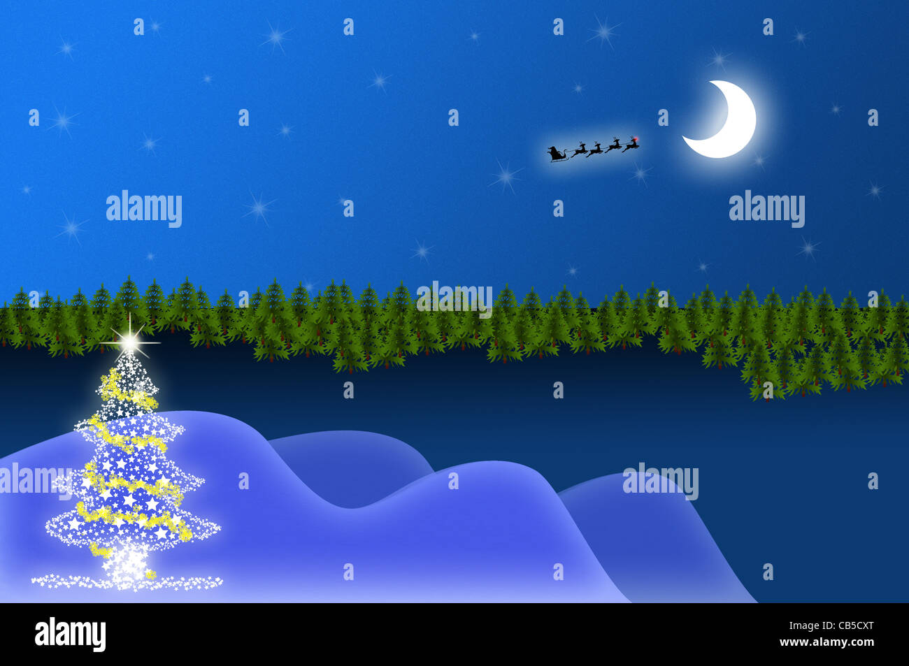 Weihnachtsbaum auf eine Landschaft mit Bäumen, Sterne, Mond und Santa mit ihren Schlitten Stockfoto