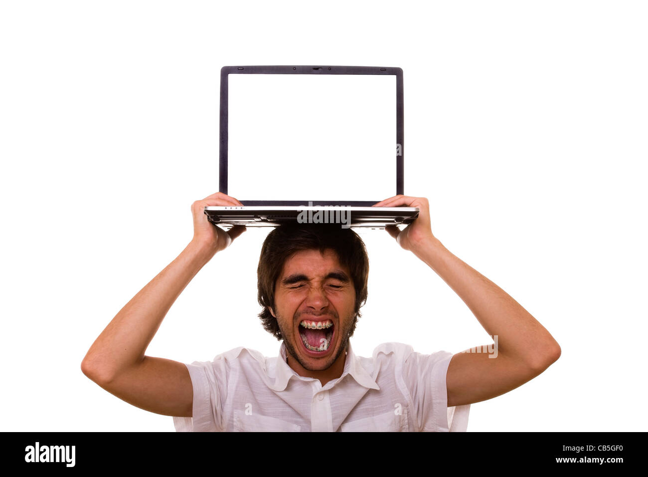 jungen Mann mit einem Laptop auf den Kopf betont Stockfoto