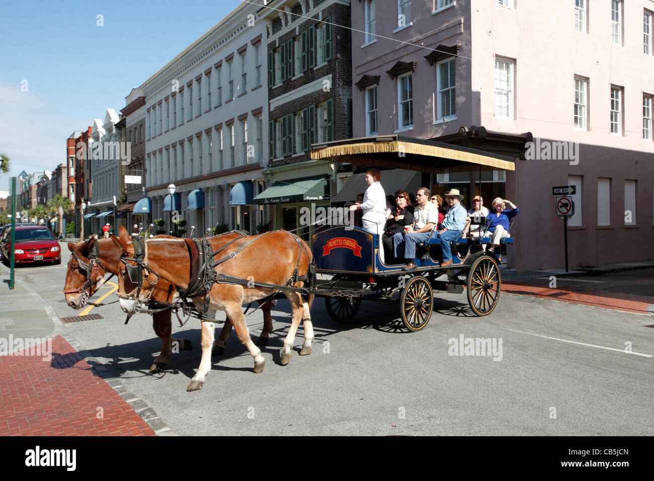 Pferdekutsche Kutsche mit Touristen auf King Street in Charleston, South Carolina Stockfoto