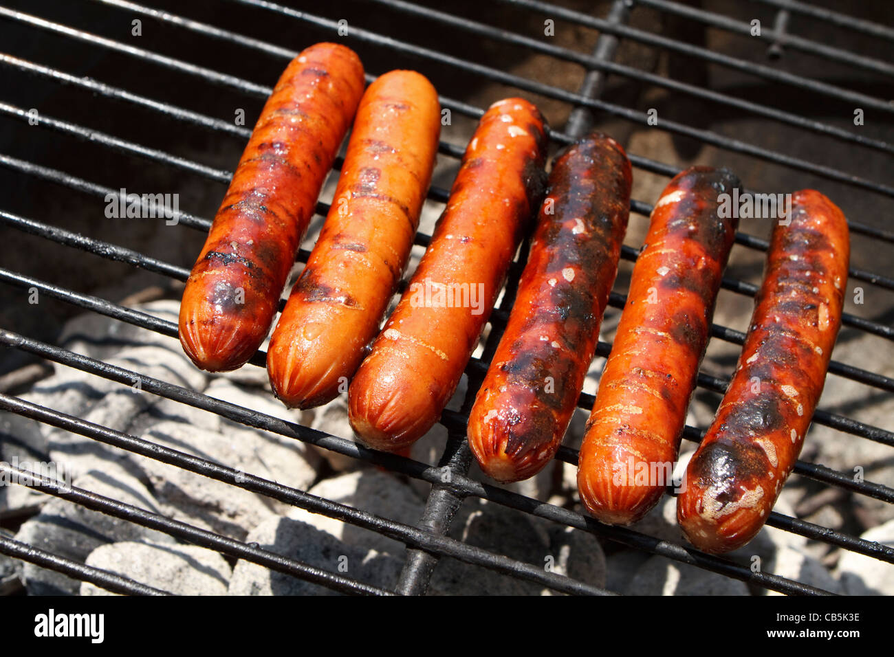 Sechs saftig gegrillten Würstchen auf einem Holzkohlegrill im Freien an einem sonnigen Tag. Stockfoto