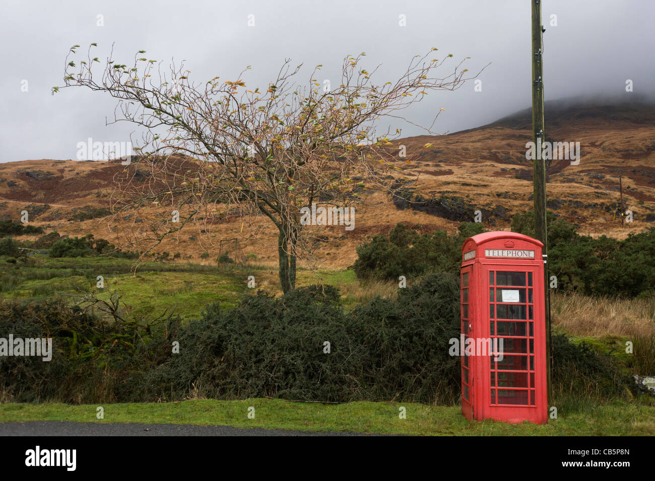 Öffentliche Telefonzelle in der Nähe Sarah Leggitts Estate Ferienhaus, eine ehemalige Schmiede mit Vieh am Lochbuie, Isle of Mull, Schottland. Stockfoto