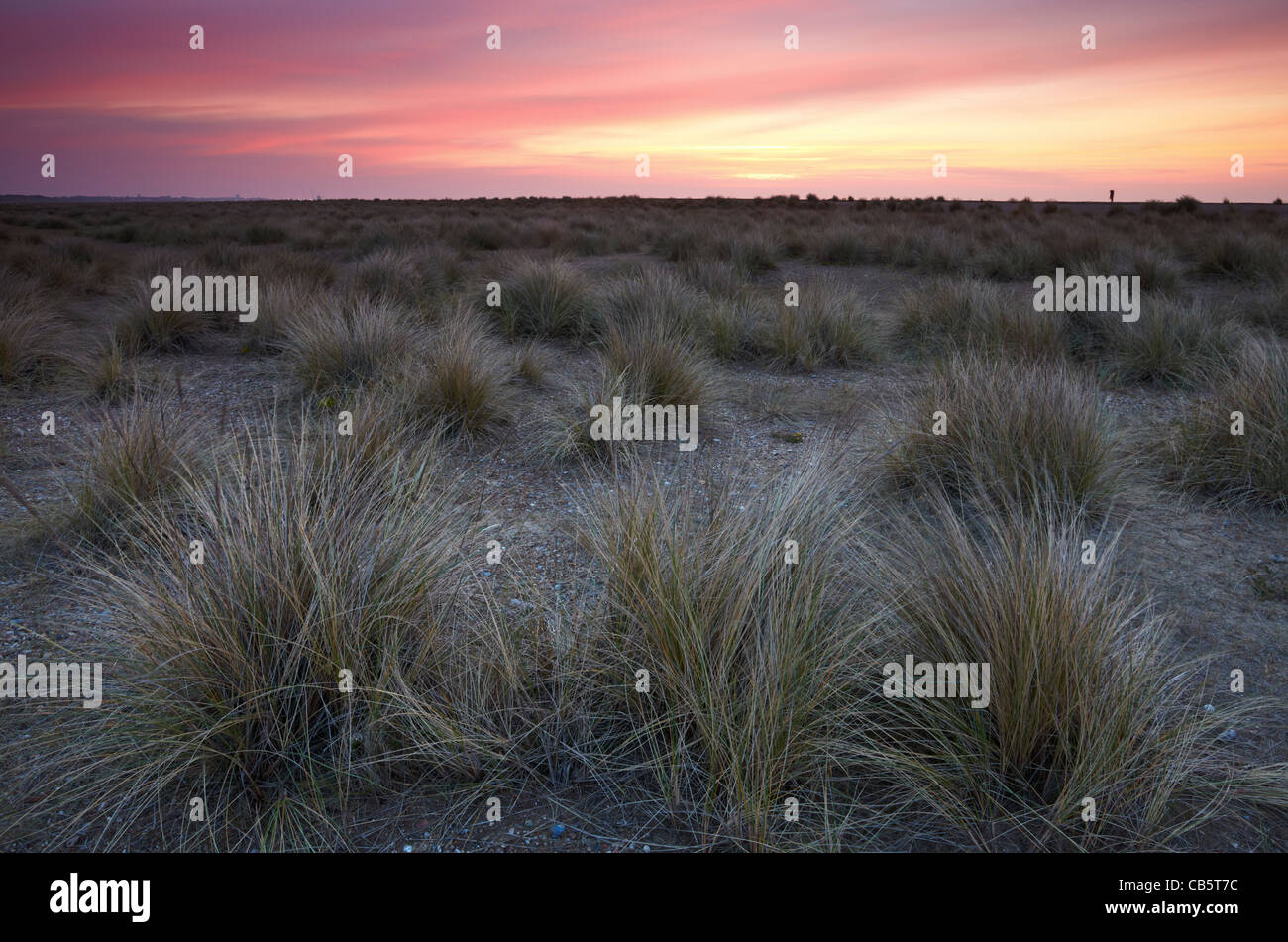 Morgendämmerung auf dem Kiesstrand bei Kessingland an der Küste von Suffolk Stockfoto