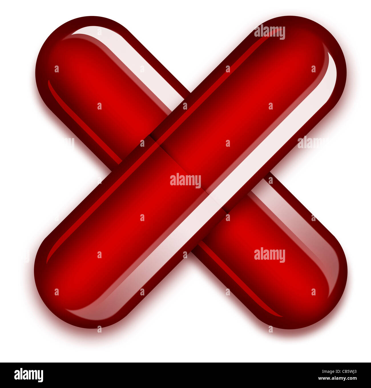 Coronavirus Covid-19-Konzept. Abbildung: Zwei rote Kapseln, die ein X bilden, um die Gefahren von Drogen und Drogensucht anzuzeigen Stockfoto