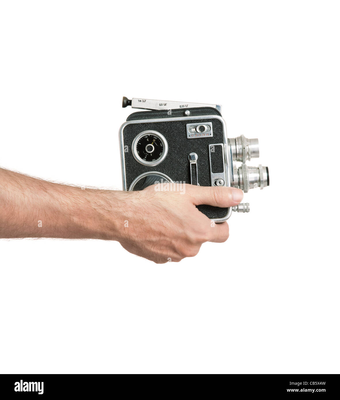 Hand mit Cine-Kamera isoliert auf weißem Hintergrund Stockfoto