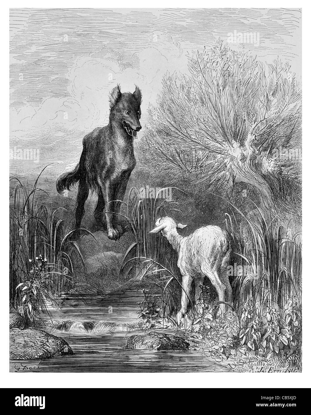 Fontaine-Le Loup et L'agneau der Wolf und das Lamm Räuber Beute Stream Teich jagen Hunger töten Schafe wilde Tiere Landschaft Stockfoto